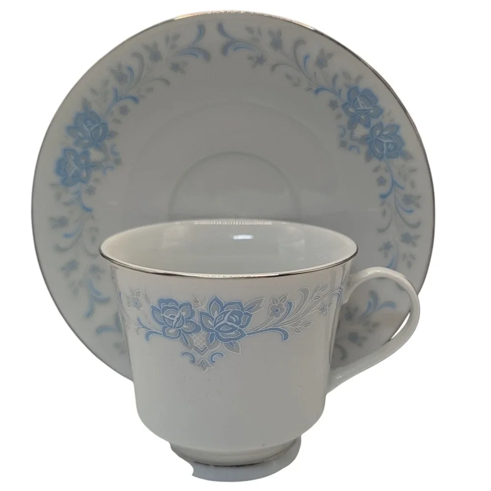 Vintage China‎ Teacup and Saucer Footed Blue and Gray Floral Platinum Edge